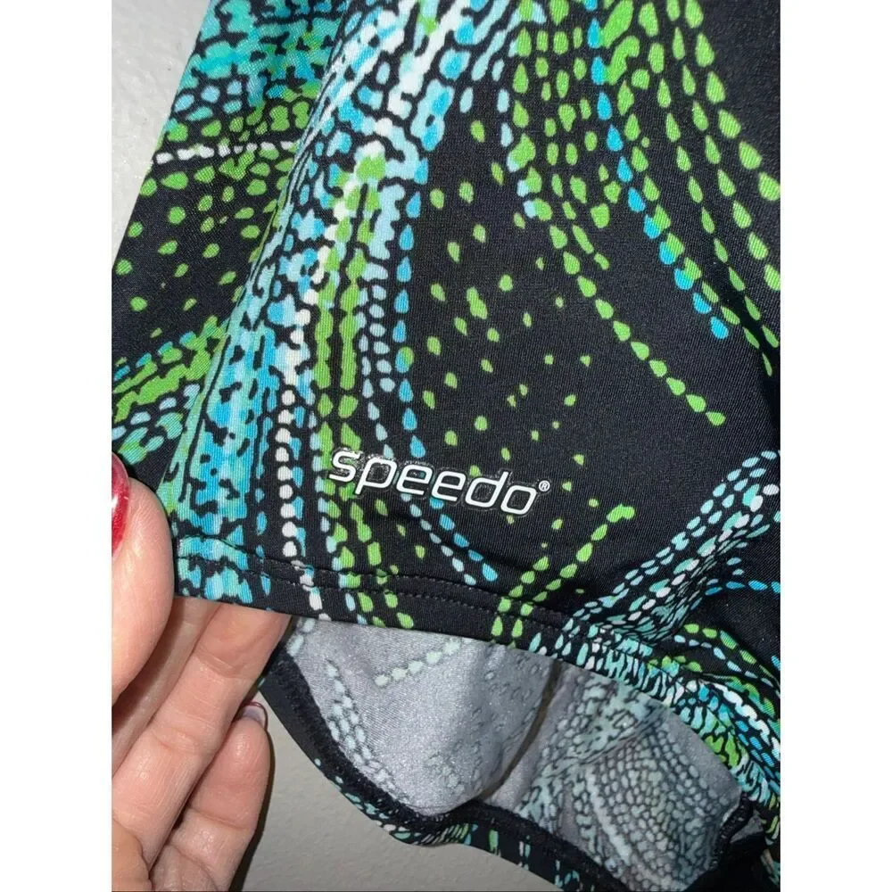 Speedo Women's Size 12 One Piece Swimsuit Black Blue Green Abstract Dot Firework